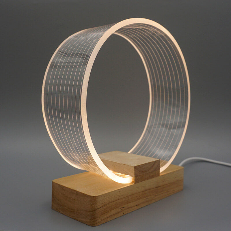 Nordic Minimalist Hoch Translucent Acryl Kreis Ring Buche Holz Basis LED Tischlampe