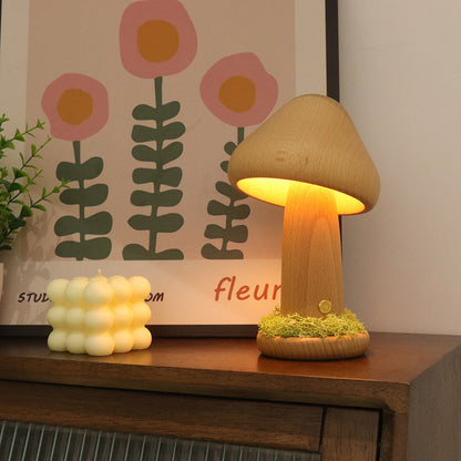 Moderne Art Deco Pilz Runde Massivholz LED Tischlampe für das Schlafzimmer