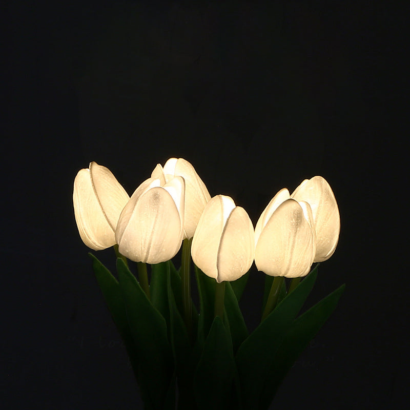 Moderne Art Deco PU Keramik Tulpe Simuliertes Blumen LED Tischlampe Für Nachttisch