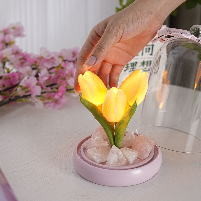 Moderne Einfachheit Zylinder Blumen Holz Glas LED Tischlampe Für Wohnzimmer