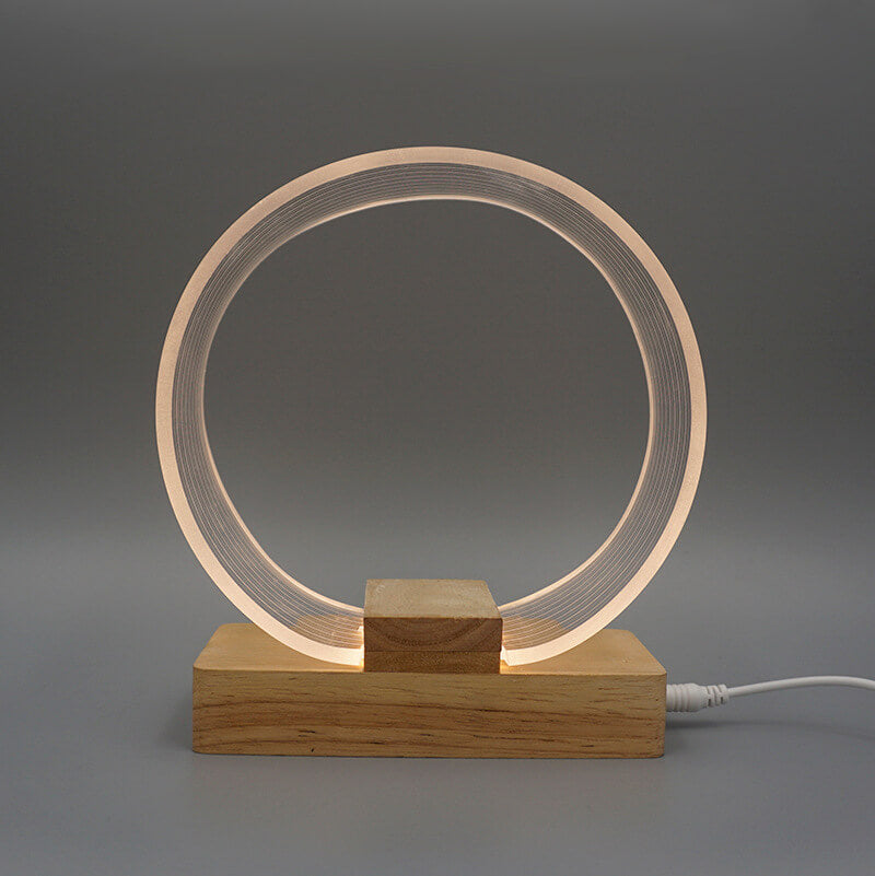 Nordic Minimalist Hoch Translucent Acryl Kreis Ring Buche Holz Basis LED Tischlampe