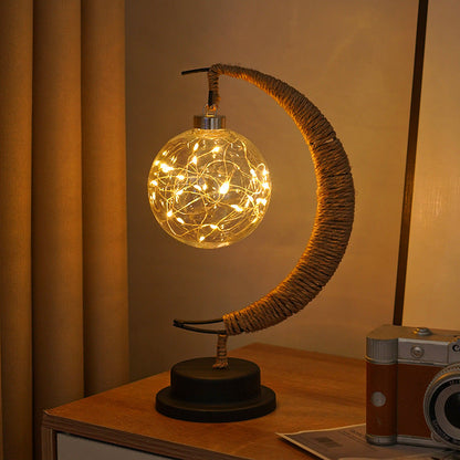 Moderne Dekorative Mond Orb Sterne Eisen Kunststoff Rattan Batterie USB Tischlampe