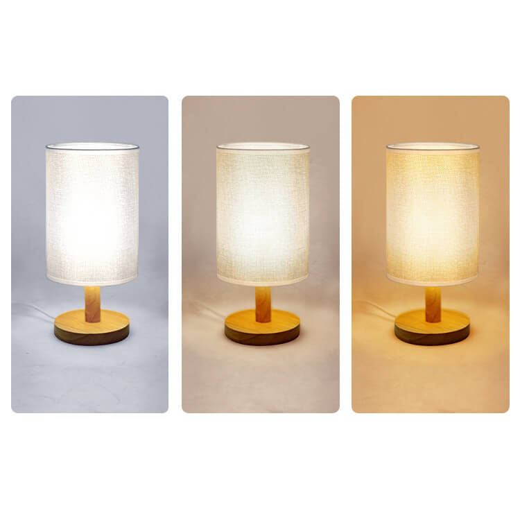 Minimalistische Vintage Stoff Zylinder Holzfuß LED Tischlampe