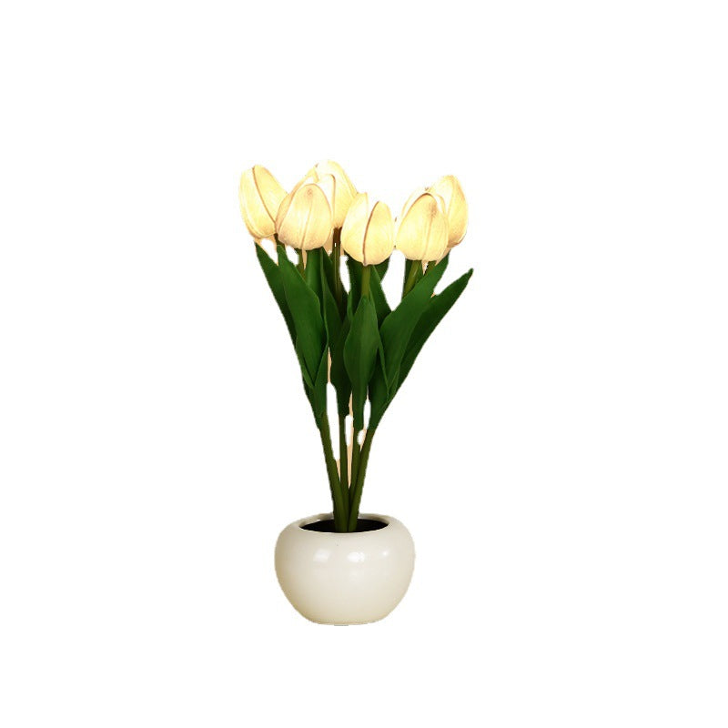 Moderne Art Deco PU Keramik Tulpe Simuliertes Blumen LED Tischlampe Für Nachttisch