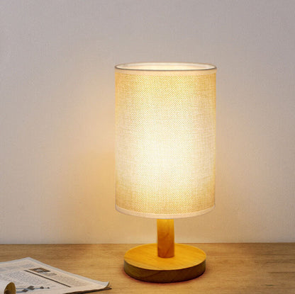 Minimalistische Vintage Stoff Zylinder Holzfuß LED Tischlampe