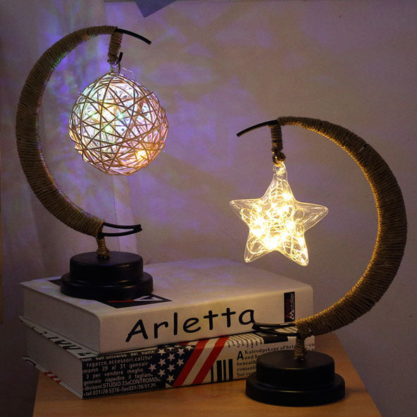 Moderne Dekorative Mond Orb Sterne Eisen Kunststoff Rattan Batterie USB Tischlampe