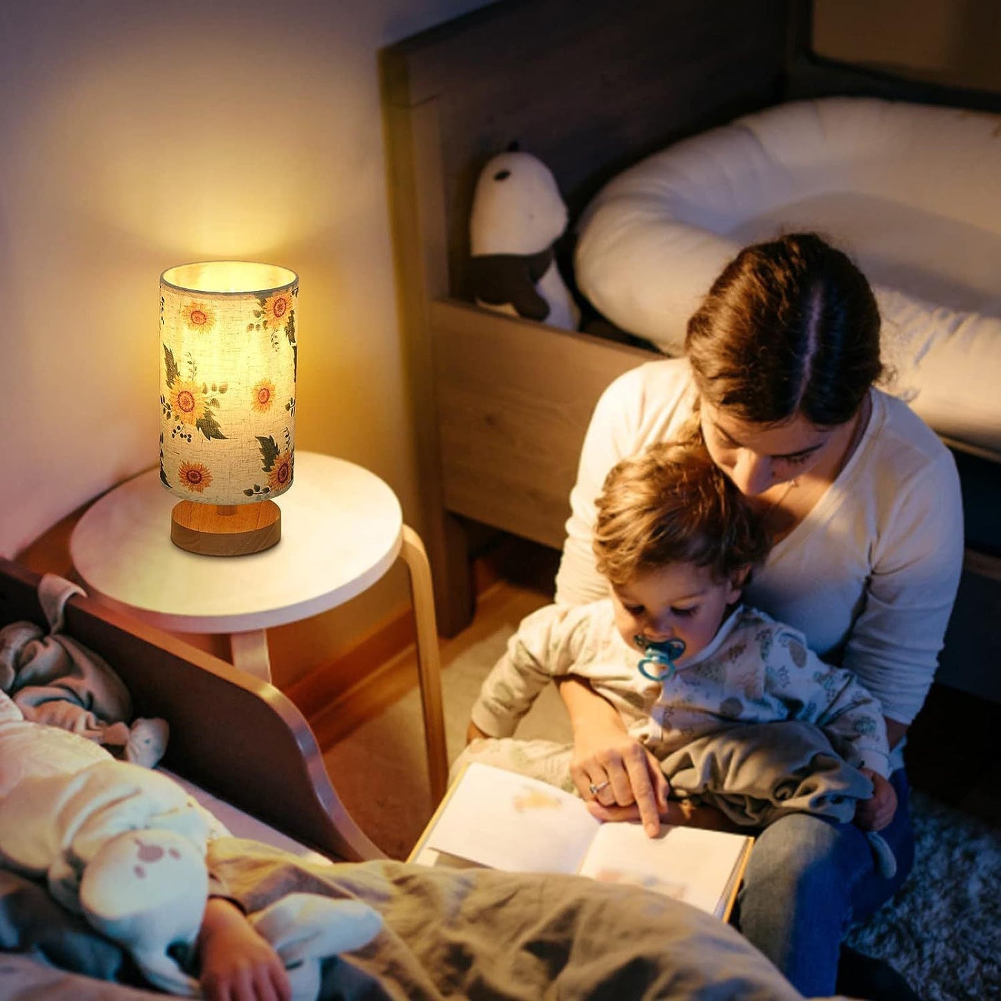 Moderne Minimalistische Runde Stoff Holz 1-Licht Tischlampe Für Schlafzimmer