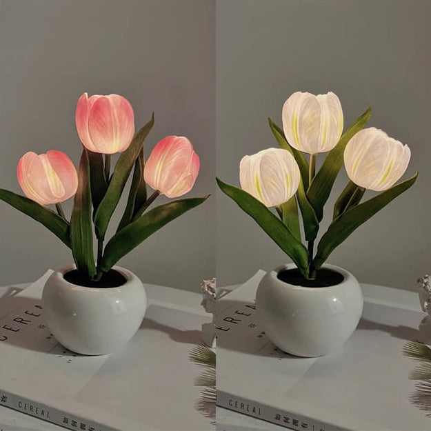 Tulpen-Simulationsstrauß Keramiktopf LED-Nachtlicht Tischlampe