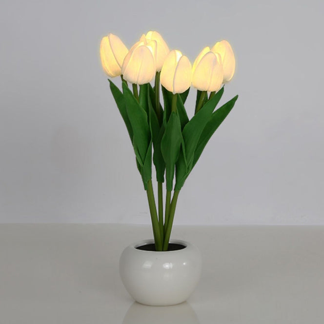 Moderne Art Deco PU Keramik Tulpe Simuliertes Blumen LED Tischlampe Für Nachttisch