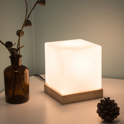 Cube Tischlampe Nordic Stil Weißes Glas Einzel Nachttischbeleuchtung mit Holzsockel