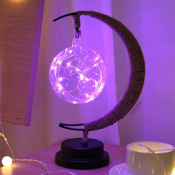 Moderne Dekorative Mond Orb Sterne Eisen Kunststoff Rattan Batterie USB Tischlampe