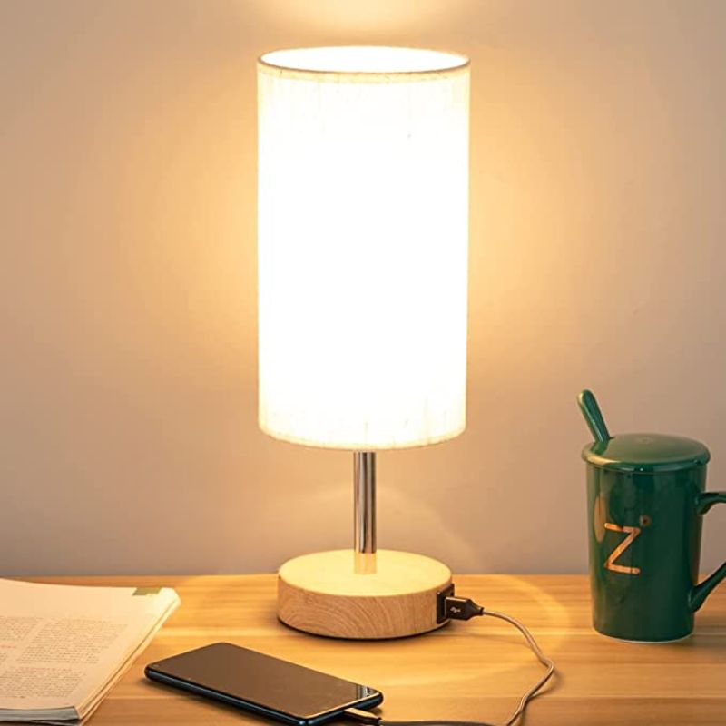 Lampe mit USB-Anschluss Touch-Control Tischlampe für Schlafzimmer Holz 3-stufig dimmbare Nachttischlampe mit runder Leinenstoff-Schirm für Wohnzimmer, Studentenwohnheim, Home Office