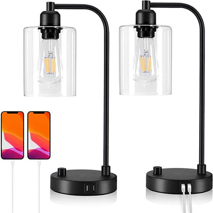 Industrielle Nachttischlampen-Set aus 2, 3-stufig dimmbare Lampen für Schlafzimmer moderne USB Nachttischlampe mit Glasschirm Leselampen für Studentenwohnheim, Büro (LED-Glühbirne enthalten)