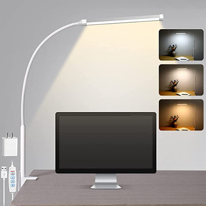 LED Schreibtischlampe mit Lampe, augenschonenden Clip-On-Lichtern für das Home Office, 3 Modi 10 Helligkeitsstufen, langer flexibler Schwanenhals, Metall, Schwenkarm Architekten-Task-Tischlampen mit USB-Adapter, Weiß