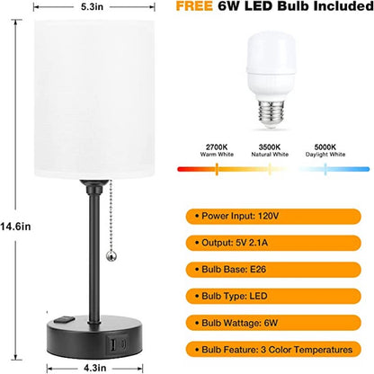 Kleine Schlafzimmerlampen 3 Farbtemperaturen - 2700K 3500K 5000K Nachttischlampen mit USB C und A Anschlüssen, Zugkette Tischlampen mit AC Anschluss, weiße Nachttischlampen mit schwarzem Metallfuß für Kinderlesen