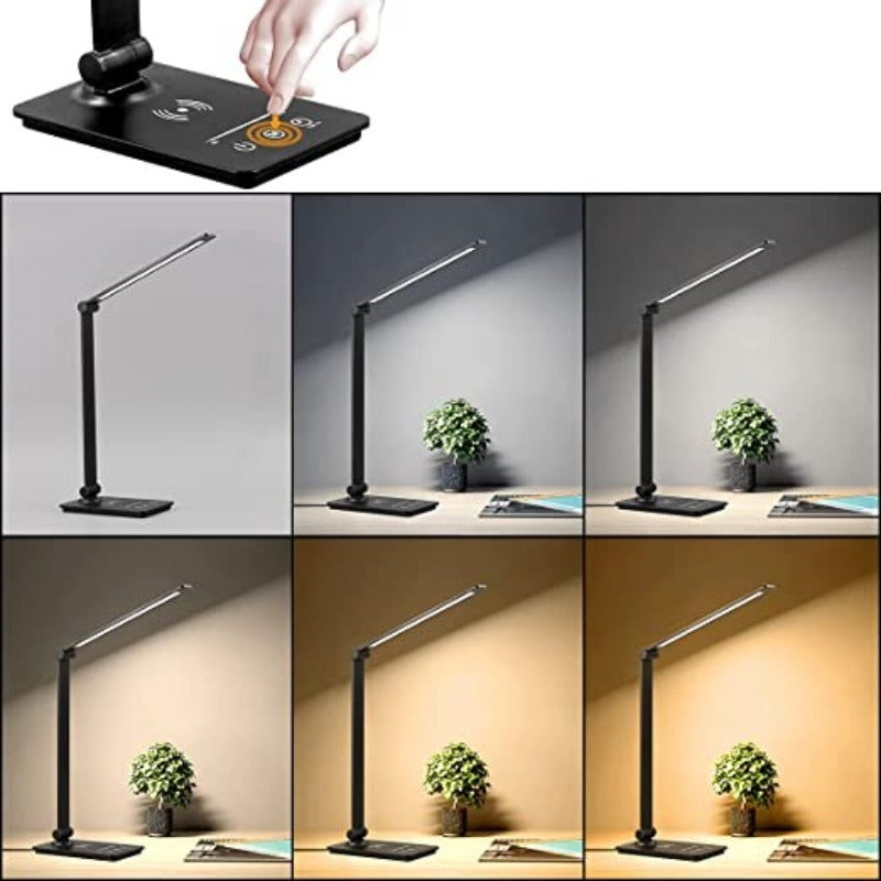 LED-Schreibtischlampe mit kabelloser Ladefunktion, Touch-Control-Schreibtischlampe mit 5 Farbmodi und vollständiger Dimmfunktion, augenschonende Tischlampen für das Studium, Schreibtischlampe mit verstellbarem Arm, Automatischer Timer 30/60 Min