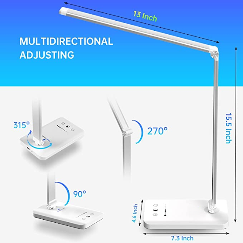 LED-Schreibtischlampe mit USB-Ladeanschluss, dimmbare augenfreundliche Leselampe für zu Hause, mit 5 Helligkeitsstufen & 3 Lichtmodi, Touch-Steuerung, Auto-Timer (Schwarz)