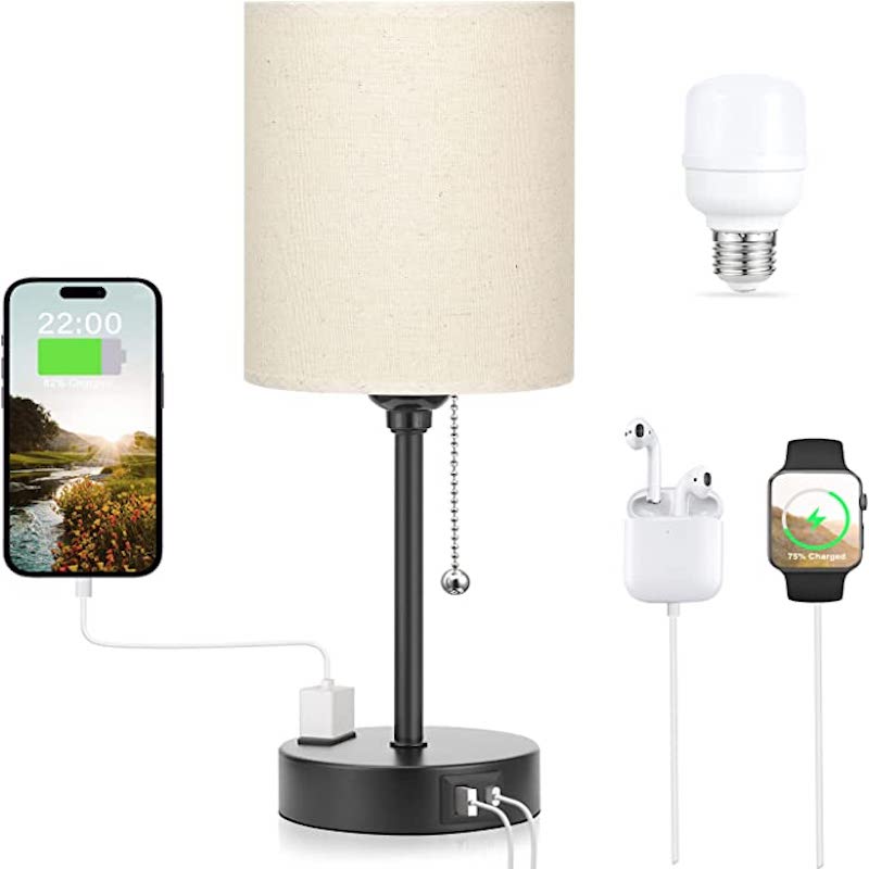 Kleine Schlafzimmerlampen 3 Farbtemperaturen - 2700K 3500K 5000K Nachttischlampen mit USB C und A Anschlüssen, Zugkette Tischlampen mit AC Anschluss, weiße Nachttischlampen mit schwarzem Metallfuß für Kinderlesen