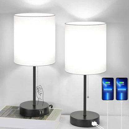 Tischlampen Set von 2 mit USB-Ladeanschlüssen, graue Nachttischlampen mit AC-Steckdose, Nachttischlampen mit Zugschalter, minimalistische moderne Schreibtischlampen mit Stoffschirm für Wohnzimmer Schlafzimmer Büro