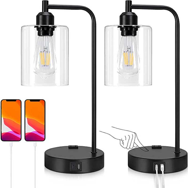 Industrielle Nachttischlampen-Set aus 2, 3-stufig dimmbare Lampen für Schlafzimmer moderne USB Nachttischlampe mit Glasschirm Leselampen für Studentenwohnheim, Büro (LED-Glühbirne enthalten)