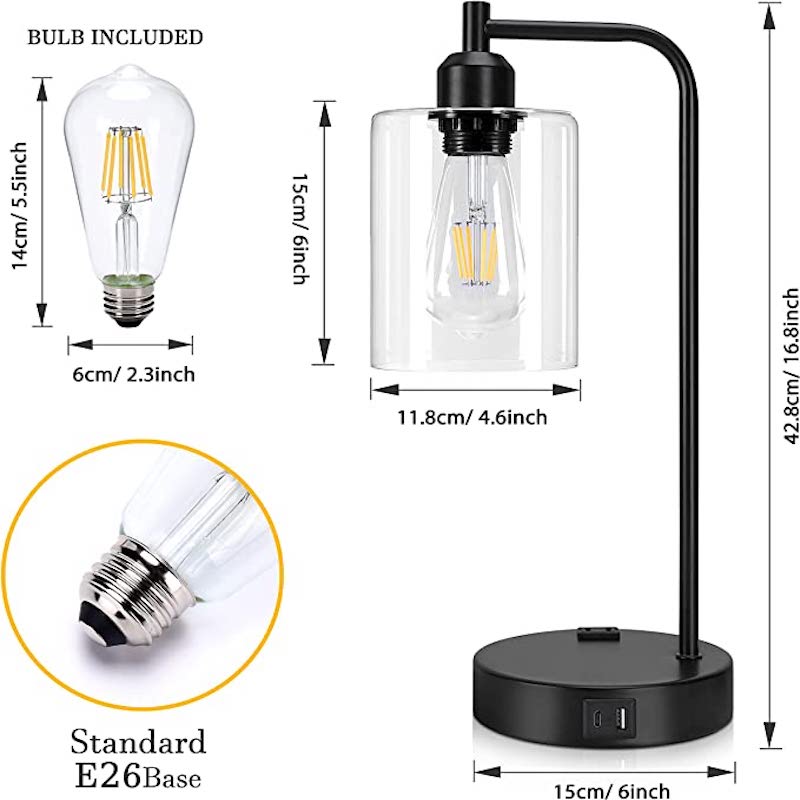 Industrielle Nachttischlampen-Set aus 2, 3-stufig dimmbare Lampen für Schlafzimmer moderne USB Nachttischlampe mit Glasschirm Leselampen für Studentenwohnheim, Büro (LED-Glühbirne enthalten)