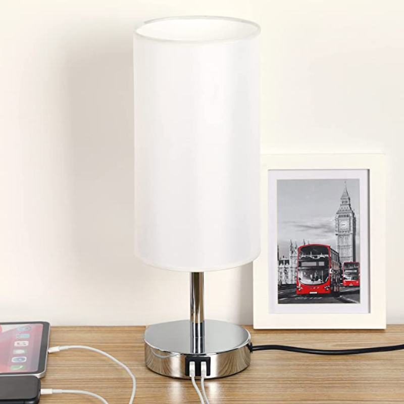 Lampe mit USB-Anschluss Touch-Control Tischlampe für Schlafzimmer Holz 3-stufig dimmbare Nachttischlampe mit runder Leinenstoff-Schirm für Wohnzimmer, Studentenwohnheim, Home Office