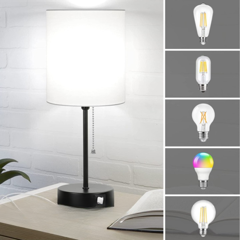 Tischlampen Set von 2 mit USB-Ladeanschlüssen, graue Nachttischlampen mit AC-Steckdose, Nachttischlampen mit Zugschalter, minimalistische moderne Schreibtischlampen mit Stoffschirm für Wohnzimmer Schlafzimmer Büro