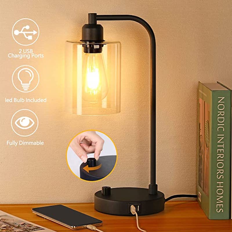 Industrielle Nachttischlampen-Set aus 2, 3-stufig dimmbare Lampen für Schlafzimmer moderne USB Nachttischlampe mit Glasschirm Leselampen für Studentenwohnheim, Büro (LED-Glühbirne enthalten)