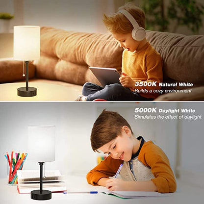 Kleine Schlafzimmerlampen 3 Farbtemperaturen - 2700K 3500K 5000K Nachttischlampen mit USB C und A Anschlüssen, Zugkette Tischlampen mit AC Anschluss, weiße Nachttischlampen mit schwarzem Metallfuß für Kinderlesen