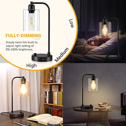 Industrielle Nachttischlampen-Set aus 2, 3-stufig dimmbare Lampen für Schlafzimmer moderne USB Nachttischlampe mit Glasschirm Leselampen für Studentenwohnheim, Büro (LED-Glühbirne enthalten)