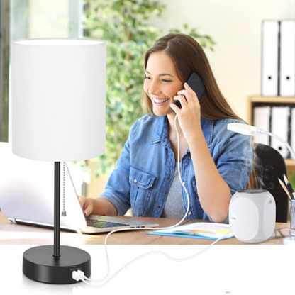 Tischlampen Set von 2 mit USB-Ladeanschlüssen, graue Nachttischlampen mit AC-Steckdose, Nachttischlampen mit Zugschalter, minimalistische moderne Schreibtischlampen mit Stoffschirm für Wohnzimmer Schlafzimmer Büro