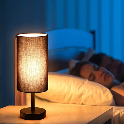 Lampe mit USB-Anschluss Touch-Control Tischlampe für Schlafzimmer Holz 3-stufig dimmbare Nachttischlampe mit runder Leinenstoff-Schirm für Wohnzimmer, Studentenwohnheim, Home Office