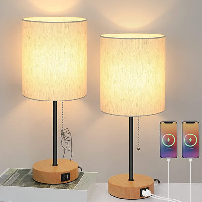 Tischlampen Set von 2 mit USB-Ladeanschlüssen, graue Nachttischlampen mit AC-Steckdose, Nachttischlampen mit Zugschalter, minimalistische moderne Schreibtischlampen mit Stoffschirm für Wohnzimmer Schlafzimmer Büro