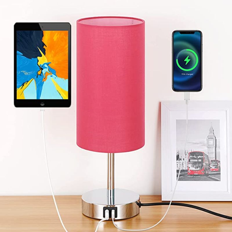 Lampe mit USB-Anschluss Touch-Control Tischlampe für Schlafzimmer Holz 3-stufig dimmbare Nachttischlampe mit runder Leinenstoff-Schirm für Wohnzimmer, Studentenwohnheim, Home Office