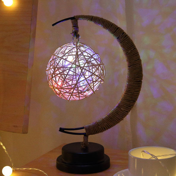 Moderne Dekorative Mond Orb Sterne Eisen Kunststoff Rattan Batterie USB Tischlampe