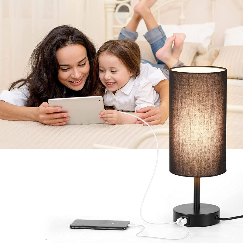 Lampe mit USB-Anschluss Touch-Control Tischlampe für Schlafzimmer Holz 3-stufig dimmbare Nachttischlampe mit runder Leinenstoff-Schirm für Wohnzimmer, Studentenwohnheim, Home Office