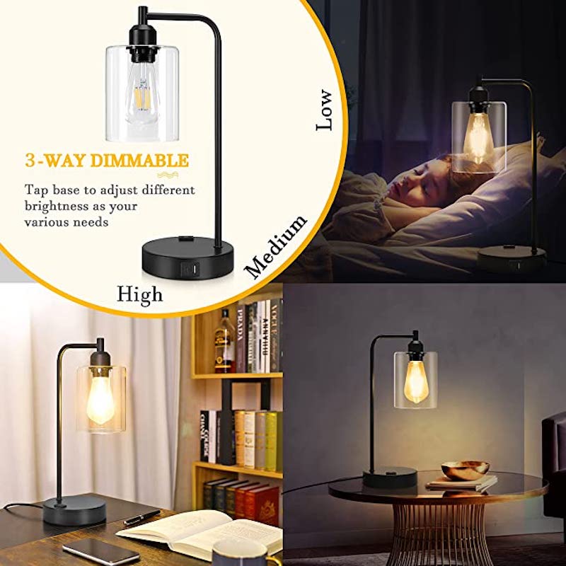 Industrielle Nachttischlampen-Set aus 2, 3-stufig dimmbare Lampen für Schlafzimmer moderne USB Nachttischlampe mit Glasschirm Leselampen für Studentenwohnheim, Büro (LED-Glühbirne enthalten)