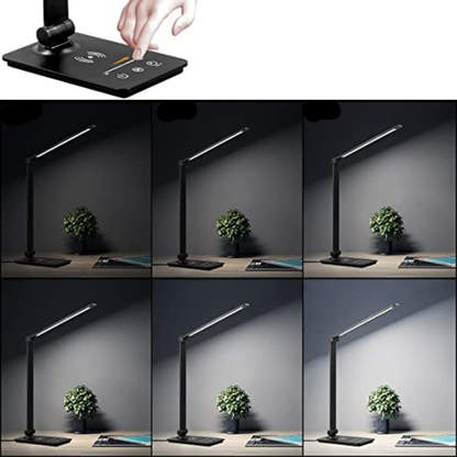 LED-Schreibtischlampe mit kabelloser Ladefunktion, Touch-Control-Schreibtischlampe mit 5 Farbmodi und vollständiger Dimmfunktion, augenschonende Tischlampen für das Studium, Schreibtischlampe mit verstellbarem Arm, Automatischer Timer 30/60 Min