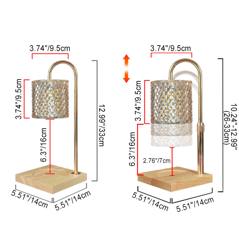 Zeitgenössische kreative quadratische Holzsockel-Zylinder-Glas-Schirm-Eisen 1-Licht-Aromatherapie-Wachsschmelz-Tischlampe für Schlafzimmer