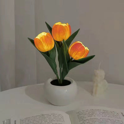 Zeitgenössische kreative Tulpenblumen Keramik PU USB LED Tischlampe für das Schlafzimmer