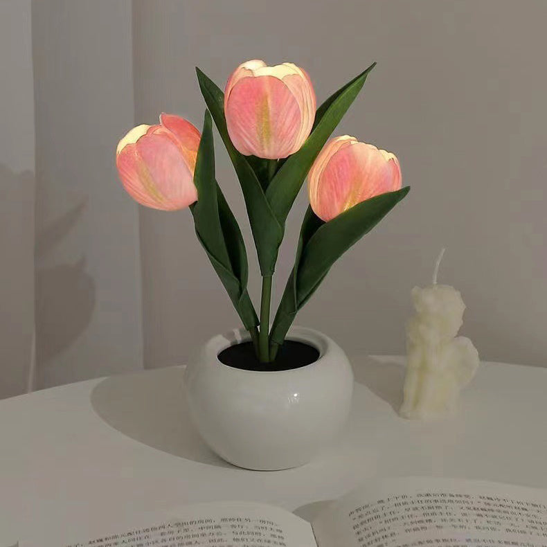 Zeitgenössische kreative Tulpenblumen Keramik PU USB LED Tischlampe für das Schlafzimmer