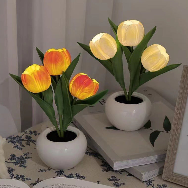 Zeitgenössische kreative Tulpenblumen Keramik PU USB LED Tischlampe für das Schlafzimmer