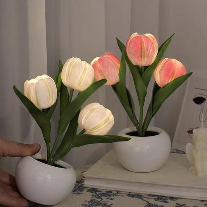 Zeitgenössische kreative Tulpenblumen Keramik PU USB LED Tischlampe für das Schlafzimmer