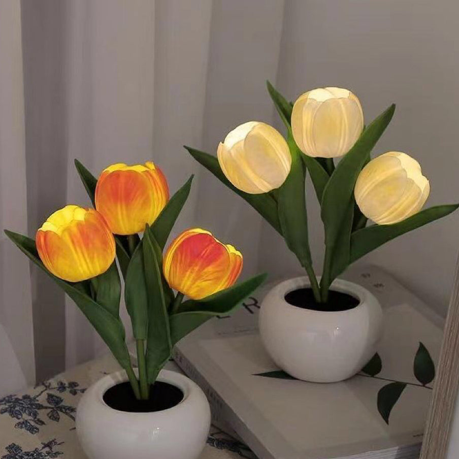 Zeitgenössische kreative Tulpenblumen Keramik PU USB LED Tischlampe für das Schlafzimmer