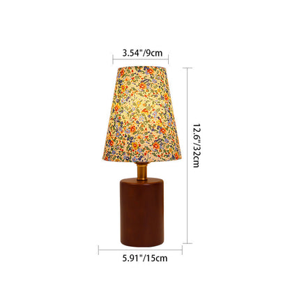 Traditionelle Vintage Runde Tischkugel Zylinderbasis Florale Veredelung Massivholz Stoff LED Tischlampe Für Schlafzimmer