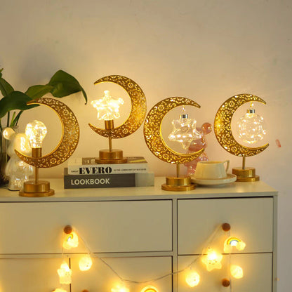 Zeitgenössische kreative Mondstern-Orb-Glühbirnenform Eisen-Glas-Rattan-LED-Tischlampe für das Schlafzimmer