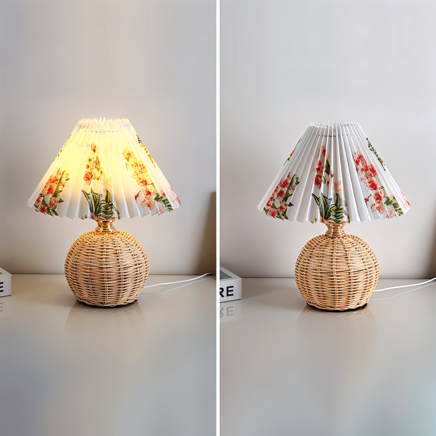 Brolly Plissee Tischlampe - Retro Rattan Lampe - Konische Tischlampe