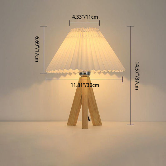 Moderne Minimalistische Trapezförmige Tripod Geknitterter Stoffschirm Holz 1-Lampe Tischlampe Für Schlafzimmer