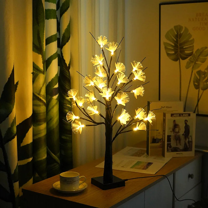 Birke Faseroptische Blume Baum Licht Warmweiß USB 45cm