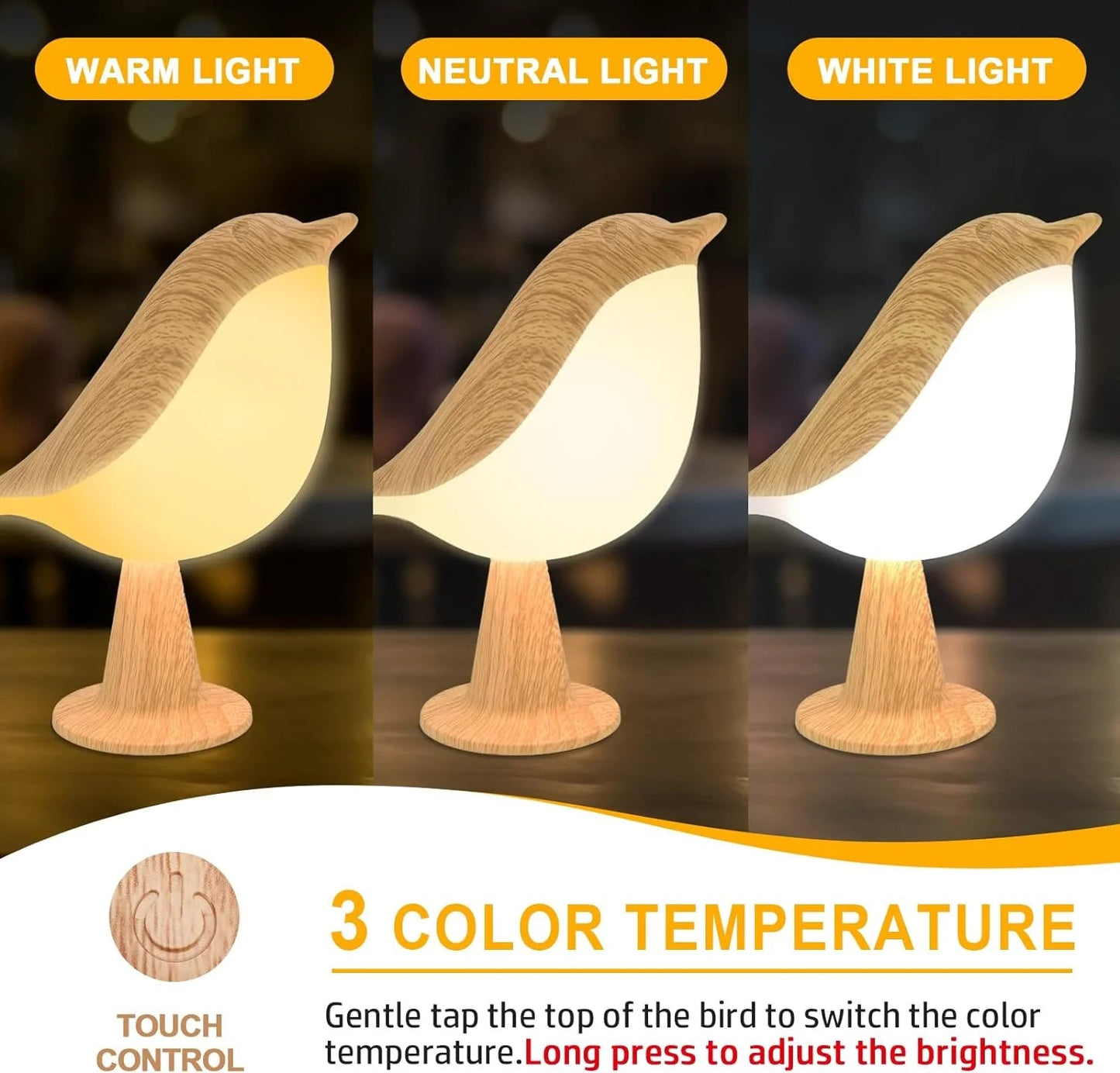 Touch-Control Holz Vogel Nachtlicht - Wiederaufladbare LED Nachttischlampe